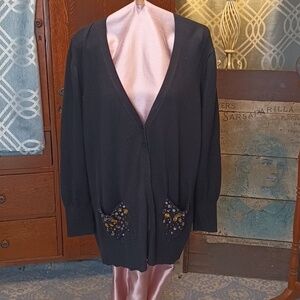 D2-45 Black Deep V Neck Gold Gem Embellished Pockets 1/2 Button Cardigan 3X